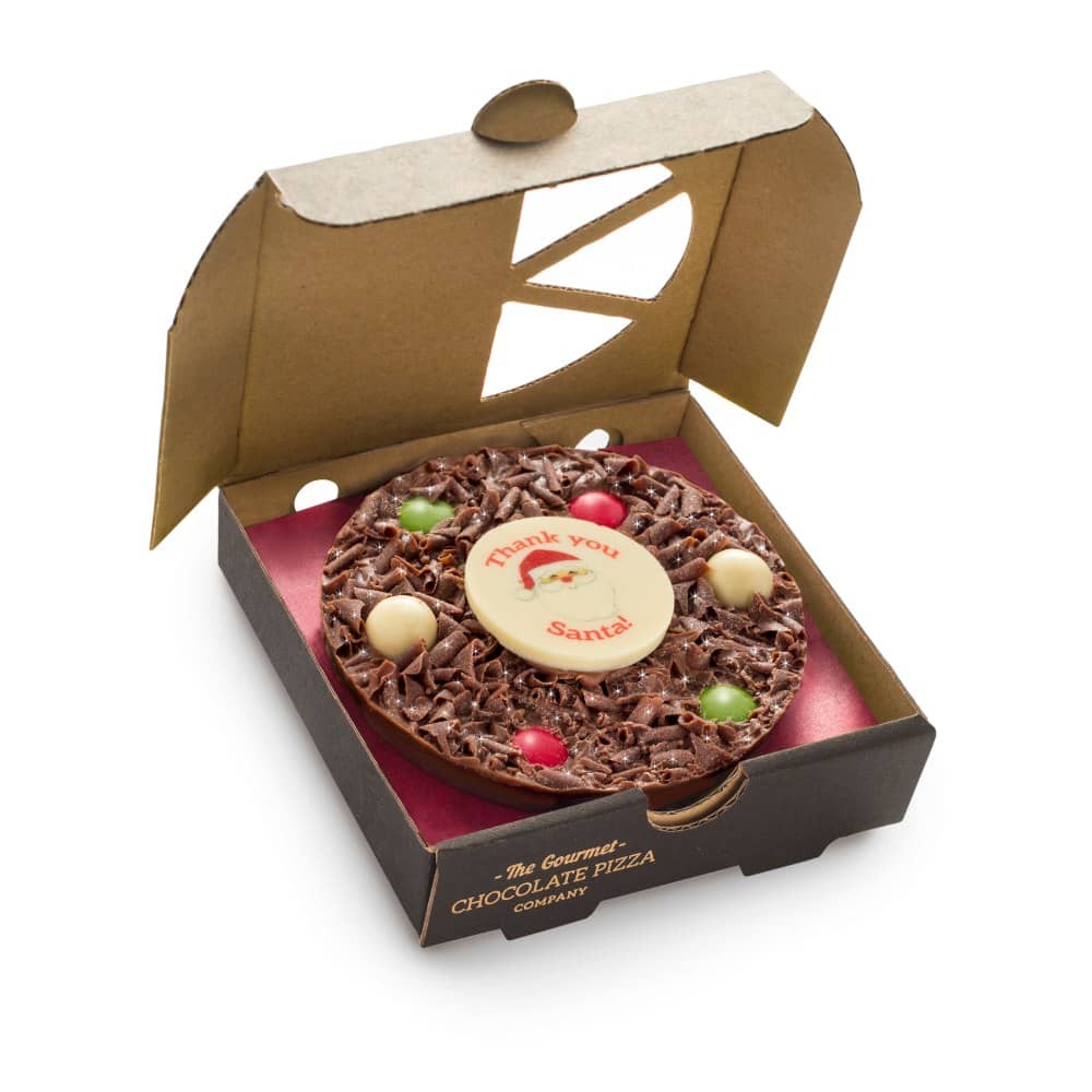 Our Thank You Santa Mini Chocolate Pizza is presented in its own mini pizza box.